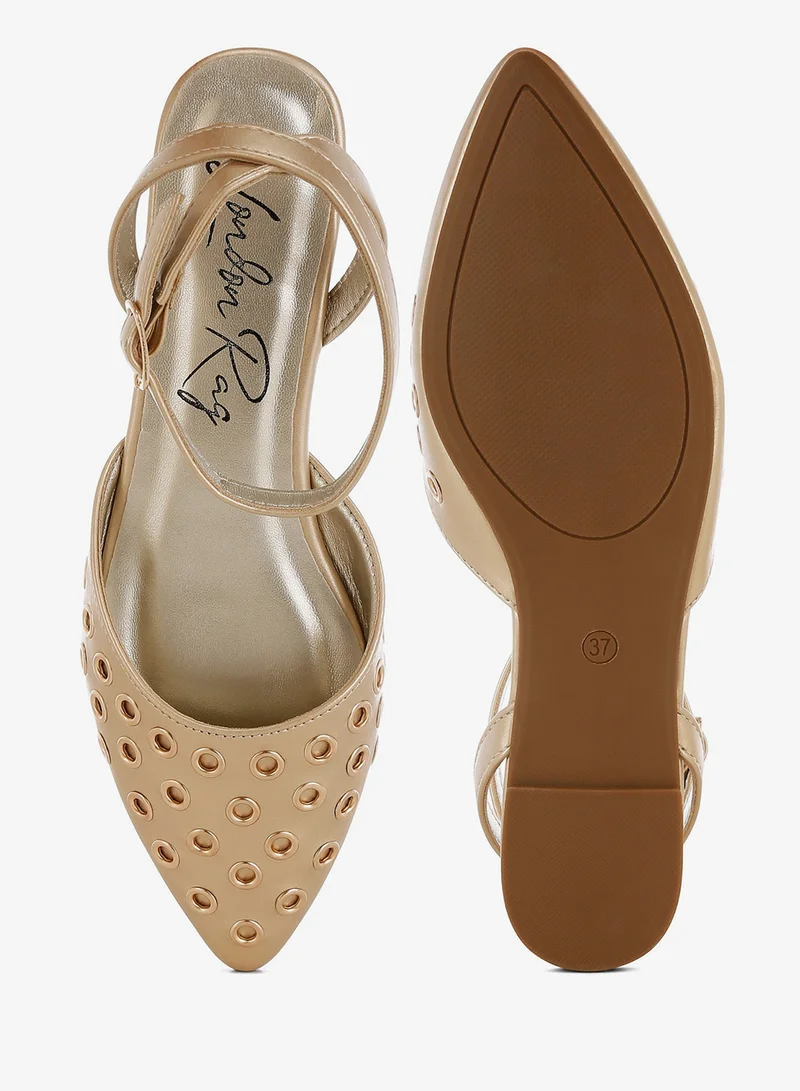 London Rag Metallic Eyelet Detail Flat Sandals in Gold
