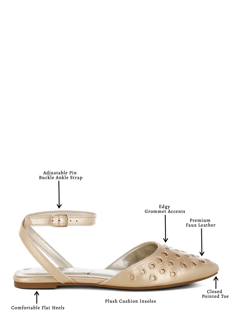 London Rag SH4948_GOLD Metallic Eyelet Detail Flat Sandals in Gold for Women | Best Price UAE