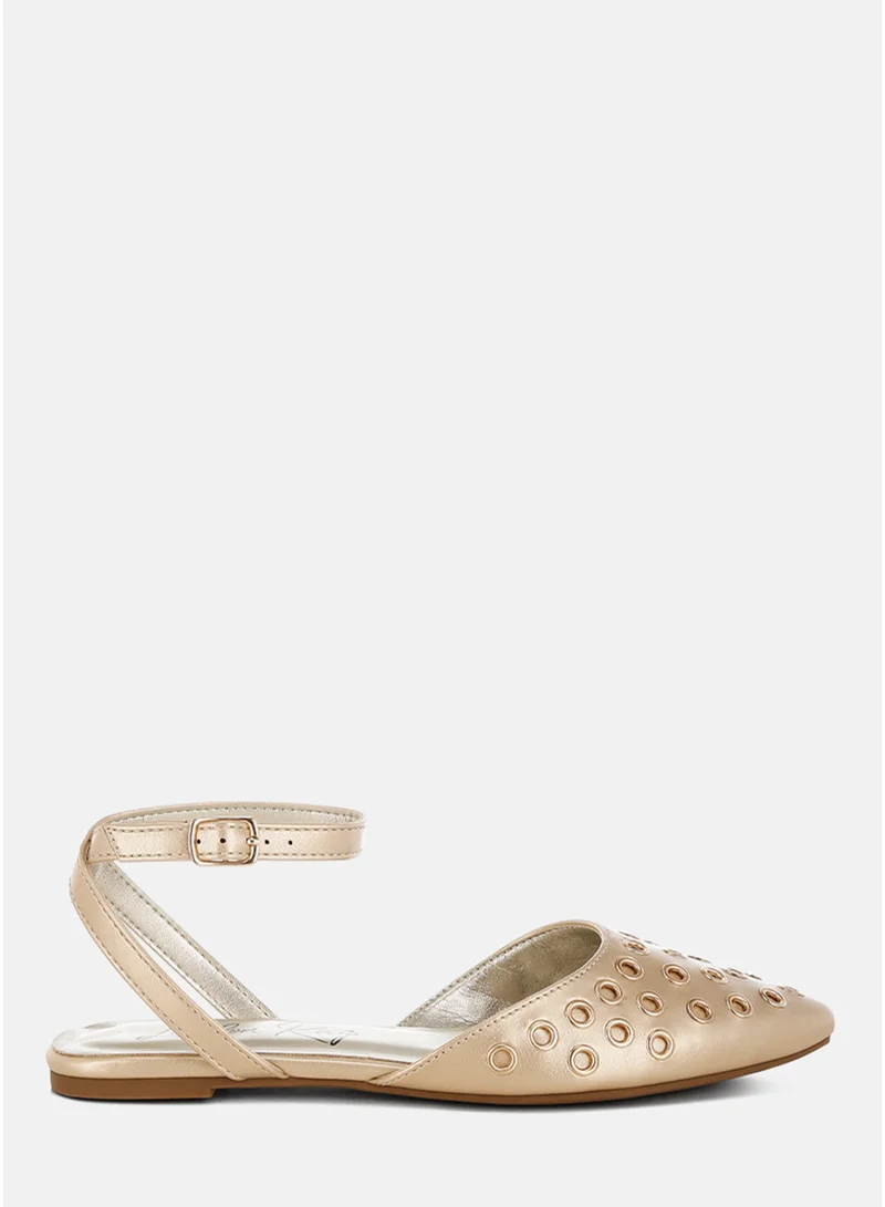 Metallic Eyelet Detail Flat Sandals in Gold