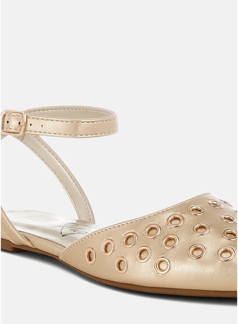 London Rag SH4948_GOLD Metallic Eyelet Detail Flat Sandals in Gold for Women | Best Price UAE