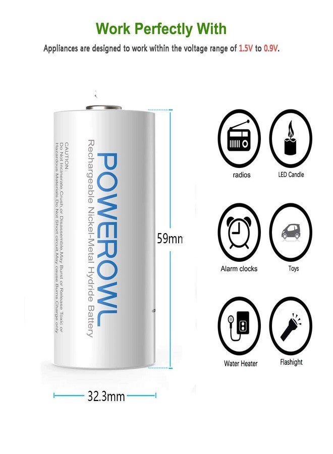 POWEROWL Rechargeable D Batteries 10000mah Low Self Discharge, NiMH, Pre-Charged, 4 Count (Recharge Universal) - Image 3
