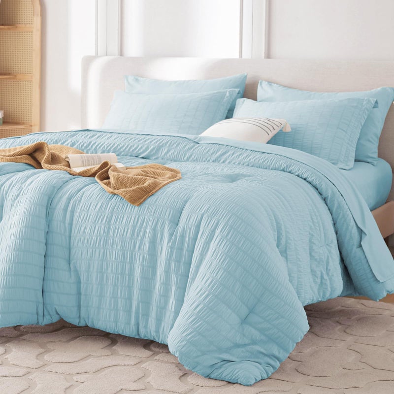 MUXHOMO 7 Pieces Queen Comforter Set, Seersucker Bed in a Bag Queen Size, All Season Luxury Bedding Set with Comforter, Flat Sheet, Fitted Sheet, Pillowcases & Shams, Lake Blue - Image 1