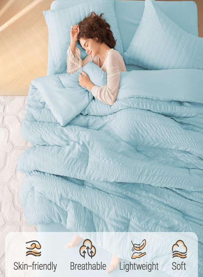 MUXHOMO 7 Pieces Queen Comforter Set, Seersucker Bed in a Bag Queen Size, All Season Luxury Bedding Set with Comforter, Flat Sheet, Fitted Sheet, Pillowcases & Shams, Lake Blue - Image 2