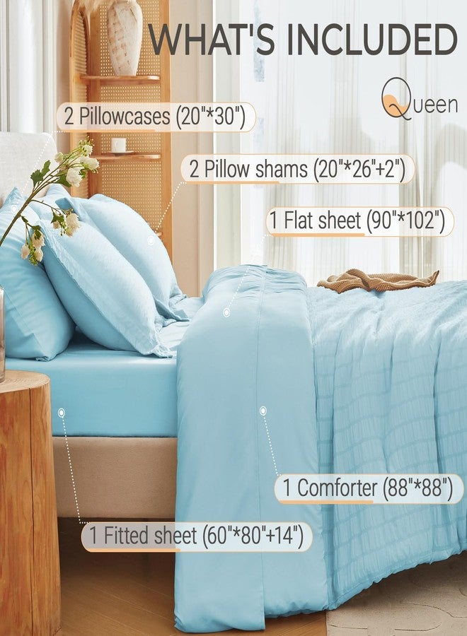 MUXHOMO 7 Pieces Queen Comforter Set, Seersucker Bed in a Bag Queen Size, All Season Luxury Bedding Set with Comforter, Flat Sheet, Fitted Sheet, Pillowcases & Shams, Lake Blue - Image 4