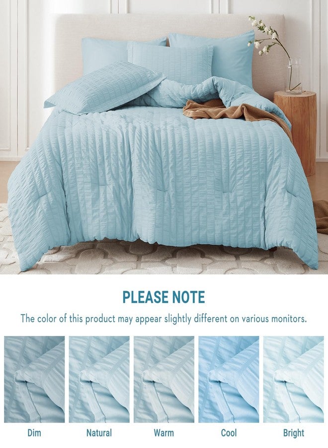 MUXHOMO 7 Pieces Queen Comforter Set, Seersucker Bed in a Bag Queen Size, All Season Luxury Bedding Set with Comforter, Flat Sheet, Fitted Sheet, Pillowcases & Shams, Lake Blue - Image 5