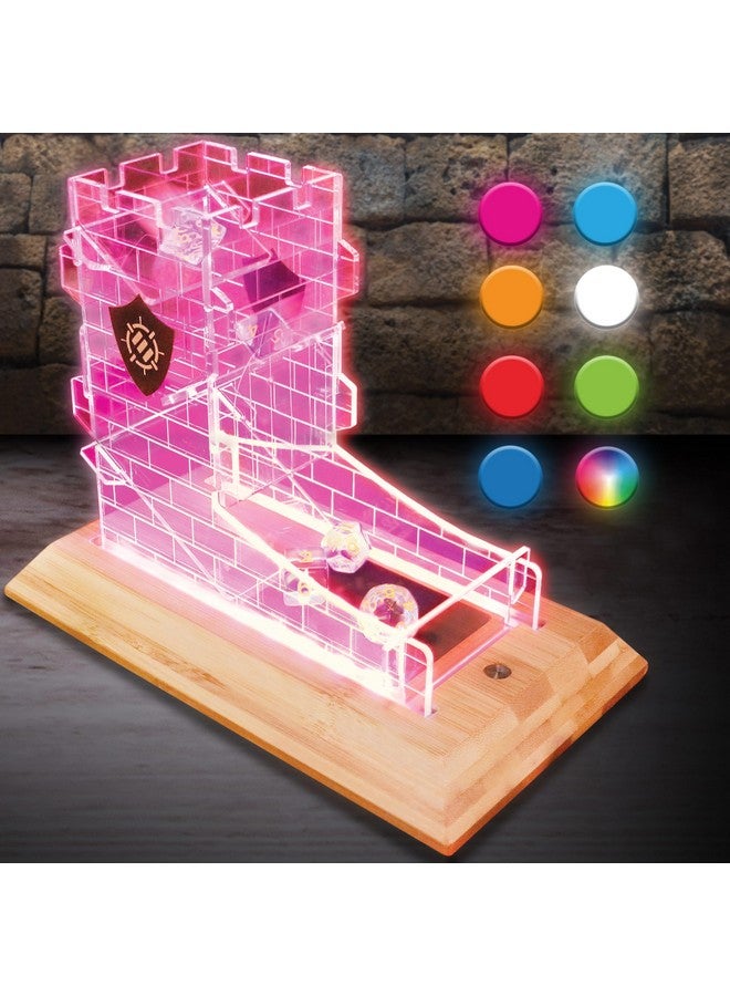 ENHANCE برج النرد LED القابل للتعزيز مع مجموعة نرد 7 قطع لألعاب RPG - مجموعة ألعاب شفافة، صينية رول مضاءة LED مع قاعدة من الخيزران وتصميم برج القلعة، يمكن رمي حتى 14 دفعة واحدة - رائعة لليلة الألعاب - Image 5