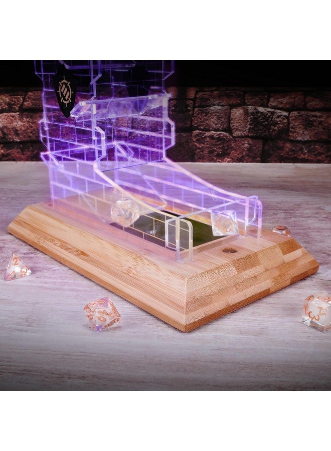 ENHANCE برج النرد LED القابل للتعزيز مع مجموعة نرد 7 قطع لألعاب RPG - مجموعة ألعاب شفافة، صينية رول مضاءة LED مع قاعدة من الخيزران وتصميم برج القلعة، يمكن رمي حتى 14 دفعة واحدة - رائعة لليلة الألعاب - Image 3