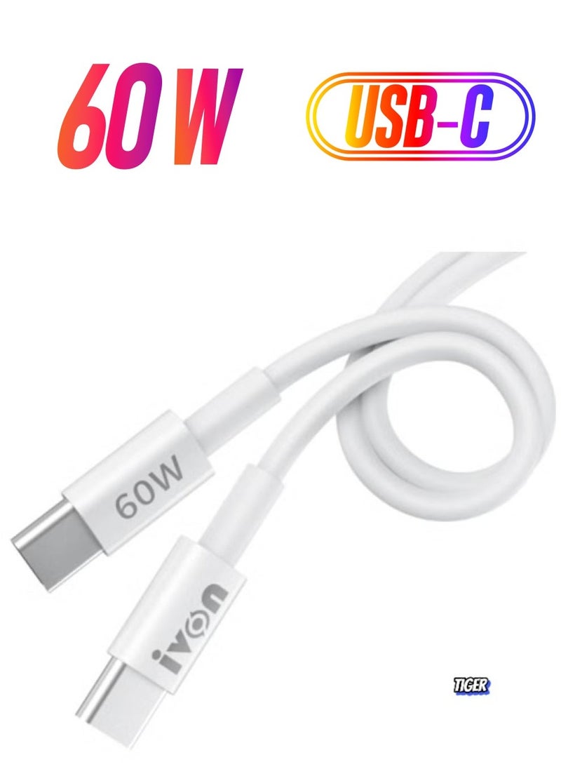 TIGER IVON CA203 60W PD USB-C to USB-C Fast Charging Data Cable – 1m Cable for Fast Charging and Data Transfer, Compatible with Smartphones, Laptops, and Tablets  - Image 1