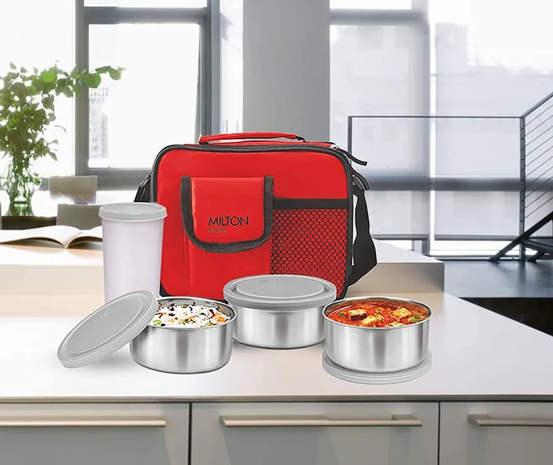 Milton Milton New Steel Combi Lunch Box, with Jacket, Set of 4, 3 Containers, 280 ml each, and 1 Tumbler, 400 ml, Red | Food Grade | Light Weight | Dishwasher Safe | Easy to Carry | Leak Proof Grey