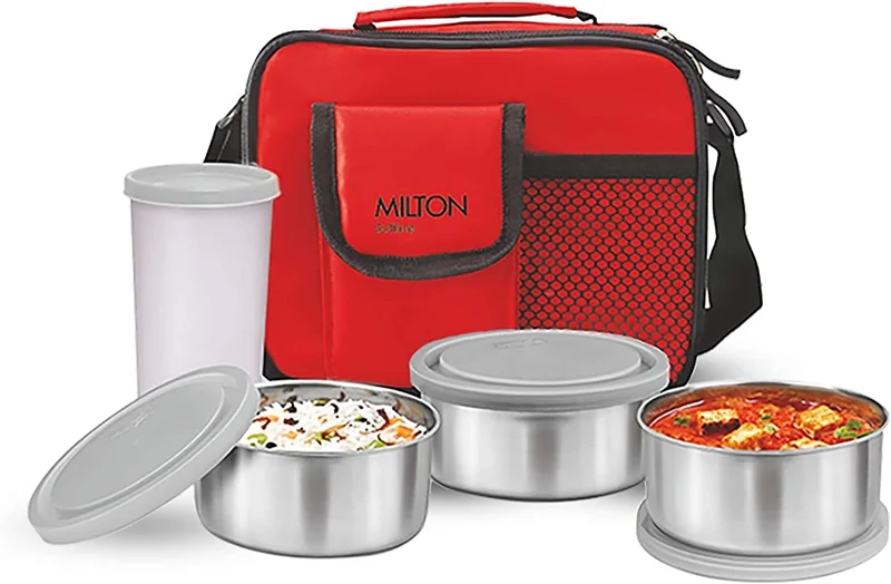 Milton Milton New Steel Combi Lunch Box, with Jacket, Set of 4, 3 Containers, 280 ml each, and 1 Tumbler, 400 ml, Red | Food Grade | Light Weight | Dishwasher Safe | Easy to Carry | Leak Proof Grey