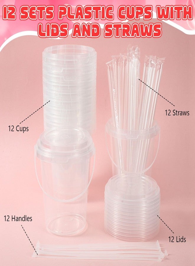 Funnymoom مجموعة Funnymoom المكونة من 12 مجموعة من دلاء المشروبات البلاستيكية سعة 34 أونصة، مزودة بأغطية وماصات، ومزينة بملصقات عيد الحب. أكواب شفافة للاستخدام مرة واحدة، مثالية لتوزيعات الحفلات والجوائز. - Image 3