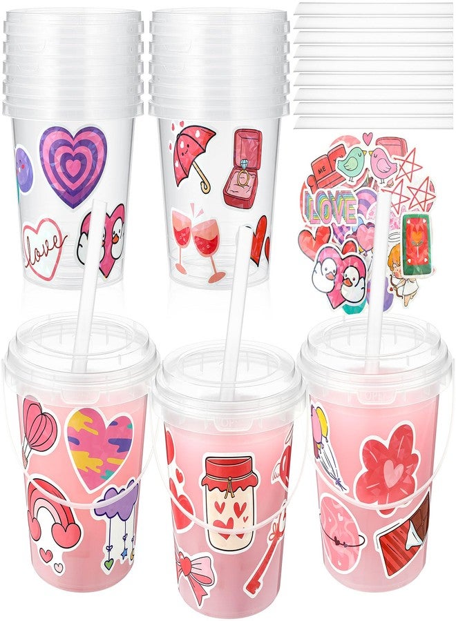 Funnymoom مجموعة Funnymoom المكونة من 12 مجموعة من دلاء المشروبات البلاستيكية سعة 34 أونصة، مزودة بأغطية وماصات، ومزينة بملصقات عيد الحب. أكواب شفافة للاستخدام مرة واحدة، مثالية لتوزيعات الحفلات والجوائز. - Image 1