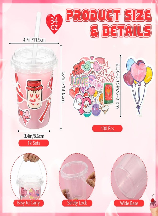 Funnymoom مجموعة Funnymoom المكونة من 12 مجموعة من دلاء المشروبات البلاستيكية سعة 34 أونصة، مزودة بأغطية وماصات، ومزينة بملصقات عيد الحب. أكواب شفافة للاستخدام مرة واحدة، مثالية لتوزيعات الحفلات والجوائز. - Image 2