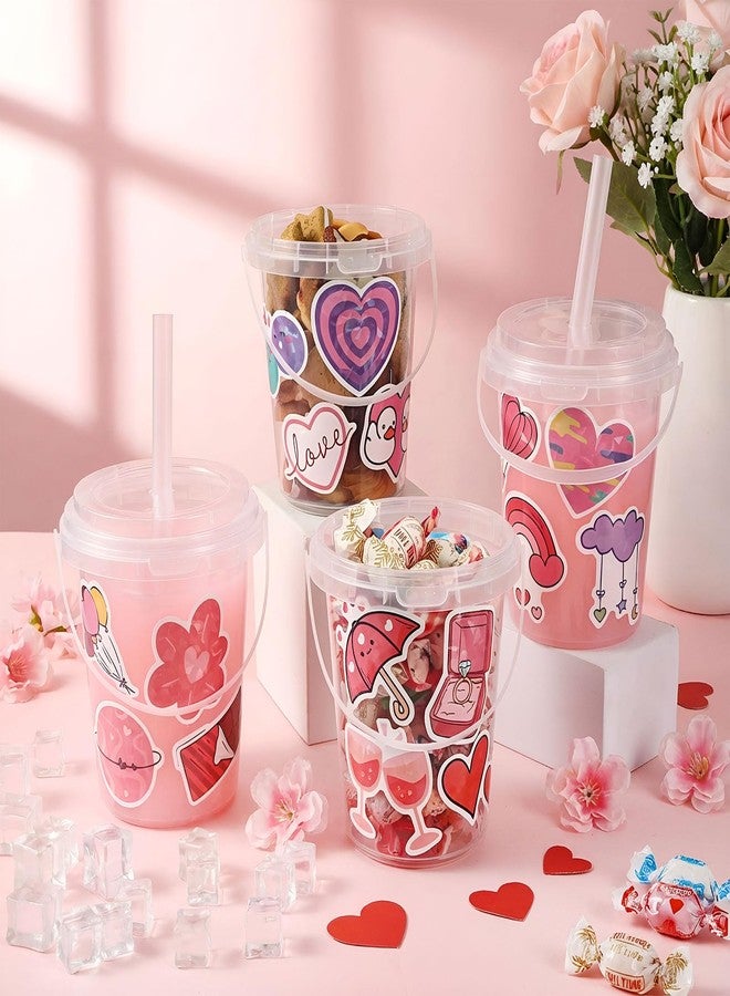 Funnymoom مجموعة Funnymoom المكونة من 12 مجموعة من دلاء المشروبات البلاستيكية سعة 34 أونصة، مزودة بأغطية وماصات، ومزينة بملصقات عيد الحب. أكواب شفافة للاستخدام مرة واحدة، مثالية لتوزيعات الحفلات والجوائز. - Image 4