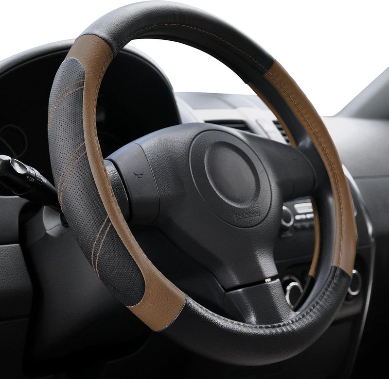 Elantrip Leather Large Steering Wheel Cover 15 1/2 to 16 inch Soft Grip Breathable for Car Truck SUV Jeep Anti Slip Black and  Gray - Image 2