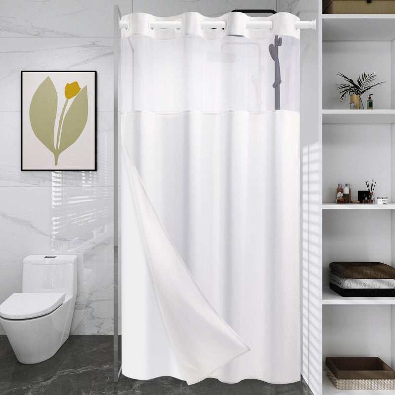 WONICY Small No Hook Shower Curtain with Snap in Liner  Polyester Textured Shower Curtain with Liner Set  Waterproof Washable Hotel Style Shower Curtains for Bathroom  54Wx80H  White - Image 1