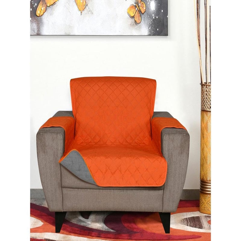Home @Home by Nilkamal Solid Polyester 1 Seater Sofa Cover | Reversible & Quilted Sofa Cover | Washable Couch Cover with Non Slip Foam| Set of 1-179 x 165 cm | Orange & Grey - Image 4