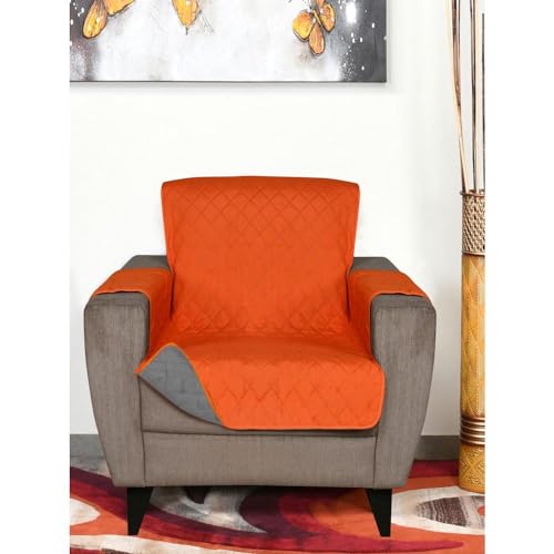 Home @Home by Nilkamal Solid Polyester 1 Seater Sofa Cover | Reversible & Quilted Sofa Cover | Washable Couch Cover with Non Slip Foam| Set of 1-179 x 165 cm | Orange & Grey - Image 1
