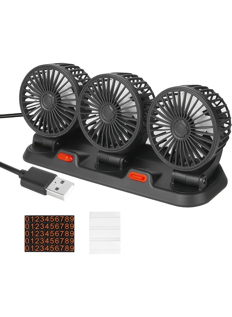 Car Fan, USB Three-Head Car Fan, Car Cooling Fan, 2 Speeds, Multifunctional Fan with Parking Phone Number Plate, 360 Degree Rotatable Adjustable Ventilato for Truck, Van, SUV, RV - Image 1