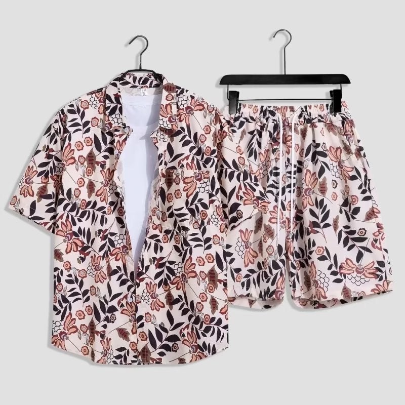 Mens Hawaiian Floral Shirt Shorts Set Summer Beachwear Red - Image 1