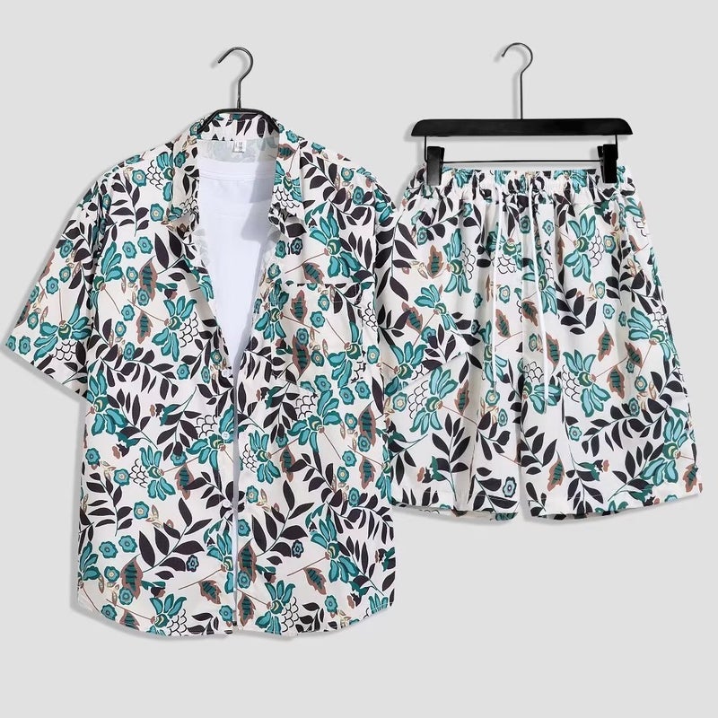 Mens Hawaiian Floral Shirt Shorts Set Summer Beachwear Red - Image 2