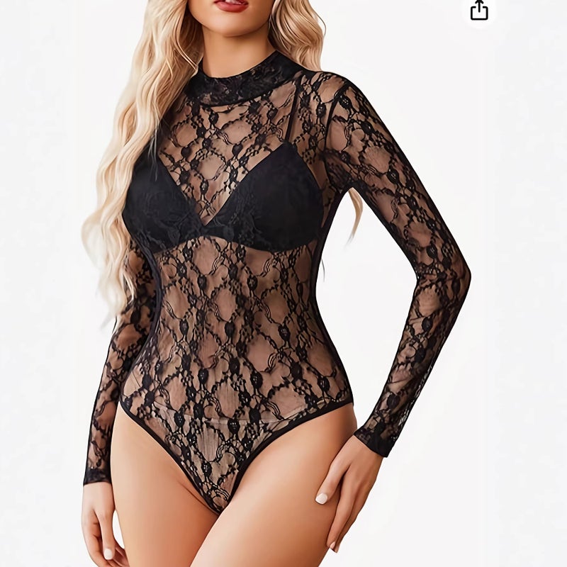 جمبسوت دانتيل بأكمام طويلة وياقة نصف عالية - Image 3