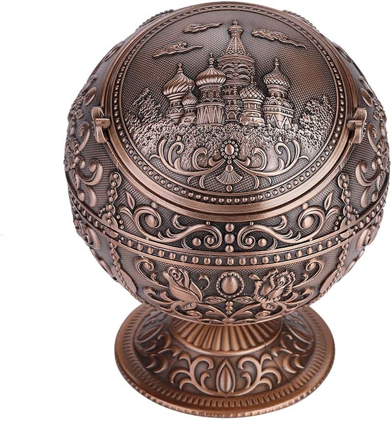Vintage Round Metal Ball Ashtray with Castle Pattern – Elegant Electroplated Alloy Smoking Tray Doubles as Decorative Storage Box for Home, Hotel & Club (Copper Castle) - Image 2