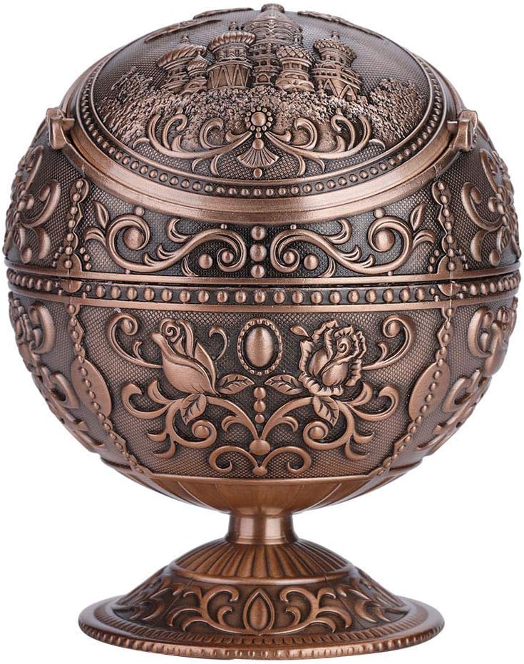 Vintage Round Metal Ball Ashtray with Castle Pattern – Elegant Electroplated Alloy Smoking Tray Doubles as Decorative Storage Box for Home, Hotel & Club (Copper Castle) - Image 1