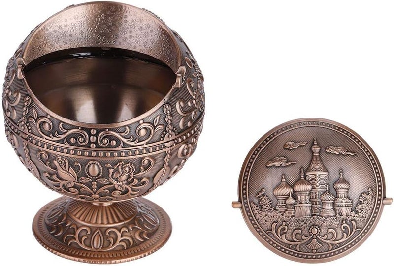 Vintage Round Metal Ball Ashtray with Castle Pattern – Elegant Electroplated Alloy Smoking Tray Doubles as Decorative Storage Box for Home, Hotel & Club (Copper Castle) - Image 4