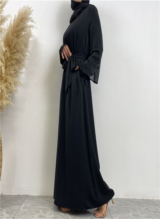 Loquat Lace-Up Pocket Muss Solid Color Dress Abaya Black  - Image 2