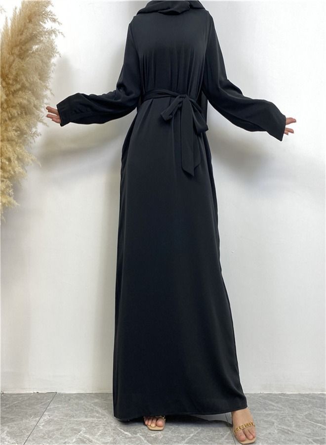 Loquat Lace-Up Pocket Muss Solid Color Dress Abaya Black  - Image 1