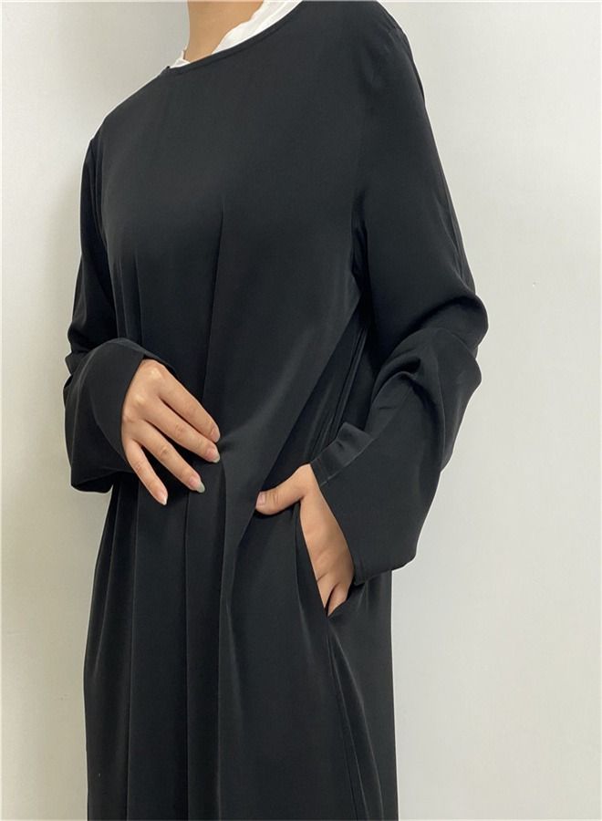 Loquat Lace-Up Pocket Muss Solid Color Dress Abaya Black  - Image 3