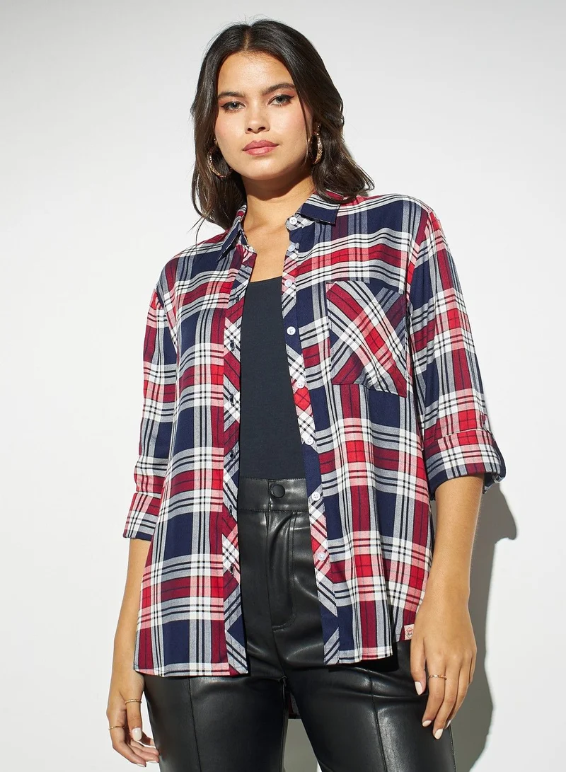 Lee Cooper Lee Cooper Checked Shirt with Roll-Up Sleeves and Pocket