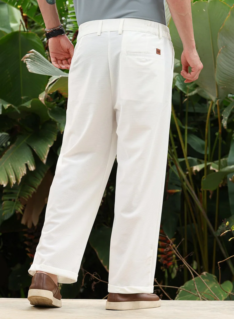 كامبوس سوترا بنطلون رجالي مطوي بخصر متوسط ومرن وجيوب جانبية وأساور، بقصة مستقيمة، نسيج منسوج سادة بلون أبيض طباشيري للاستخدام اليومي والكاجوال