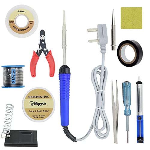 Hillgrove 12in1 Basic Complete 25W Soldering Iron Kit with 5 Meter Solder Wire, Scrub, Pump, Cutter, Tester, Tweezer, Tape, Bit, Wick 25 W Simple (Flat, Pointed Tip) - Image 1