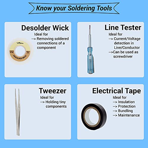 Hillgrove 12in1 Basic Complete 25W Soldering Iron Kit with 5 Meter Solder Wire, Scrub, Pump, Cutter, Tester, Tweezer, Tape, Bit, Wick 25 W Simple (Flat, Pointed Tip) - Image 3