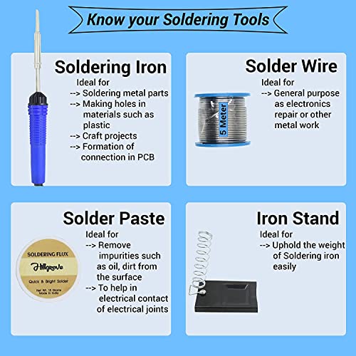 Hillgrove 12in1 Basic Complete 25W Soldering Iron Kit with 5 Meter Solder Wire, Scrub, Pump, Cutter, Tester, Tweezer, Tape, Bit, Wick 25 W Simple (Flat, Pointed Tip) - Image 2