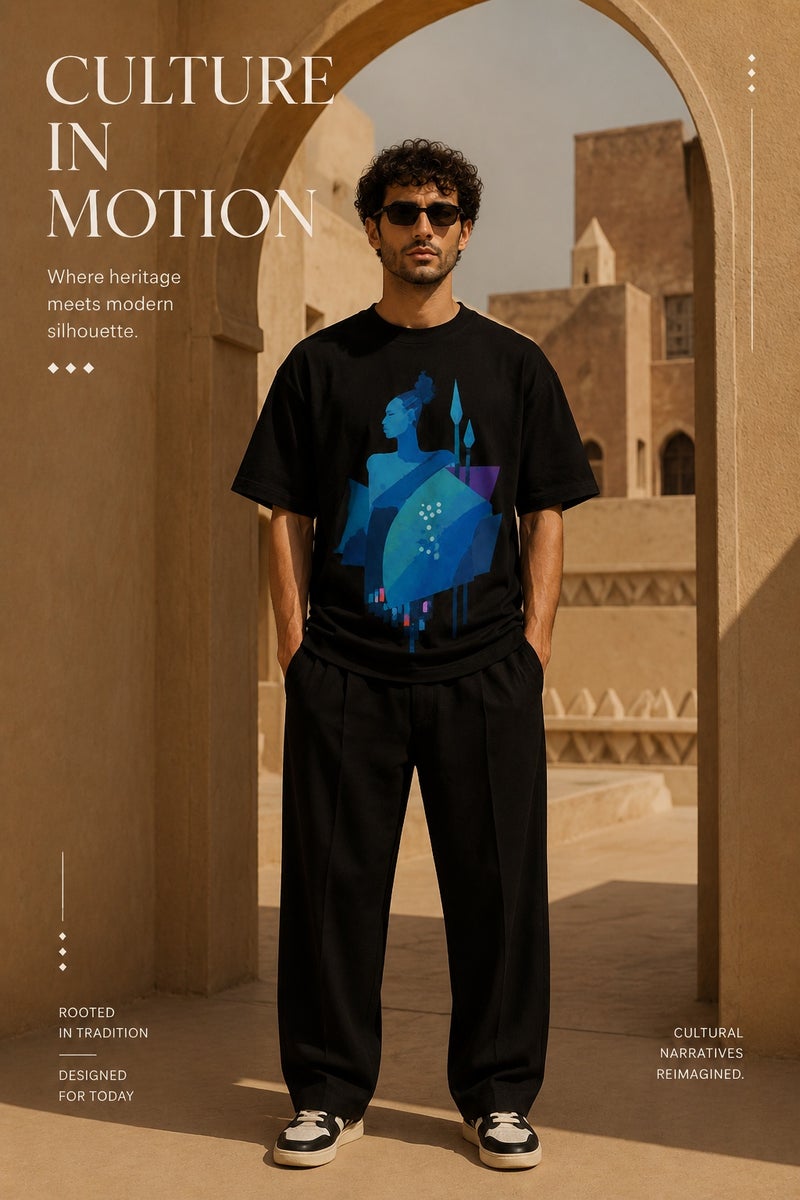 Men's Oversized Black Cultural Graphic T-Shirt Casual Short Sleeve Crew Neck Streetwear Tee - Image 2