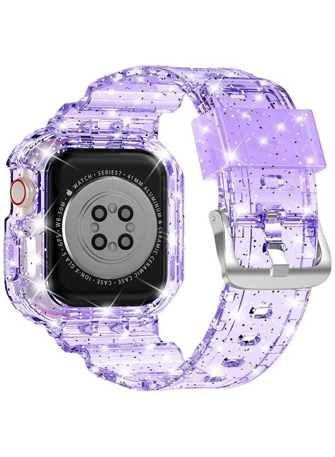 XYF Compatible for Crystal Clear Apple Watch Bands, 45mm 44mm 42mm Bumper Case for Men Women Jelly Sport Cover Strap for iWatch Ultra 2/1 Series 10 9 8 7 SE 6 5 4 3 2 1 (Glitter Purple, 42/44/45) - Image 2