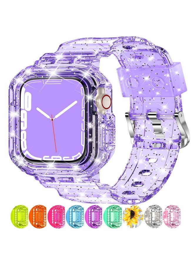 XYF Compatible for Crystal Clear Apple Watch Bands, 45mm 44mm 42mm Bumper Case for Men Women Jelly Sport Cover Strap for iWatch Ultra 2/1 Series 10 9 8 7 SE 6 5 4 3 2 1 (Glitter Purple, 42/44/45) - Image 1