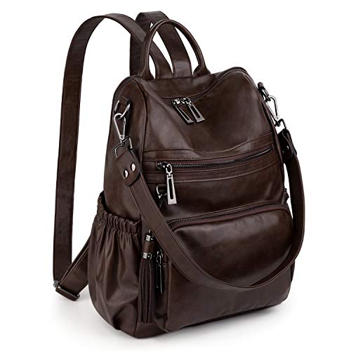 UTO Women Backpack Purse Oil Wax PU Leather Ladies Fashion Designer Rucksack Convertible Travel Shoulder Bag with Tassel Coffee - Image 1