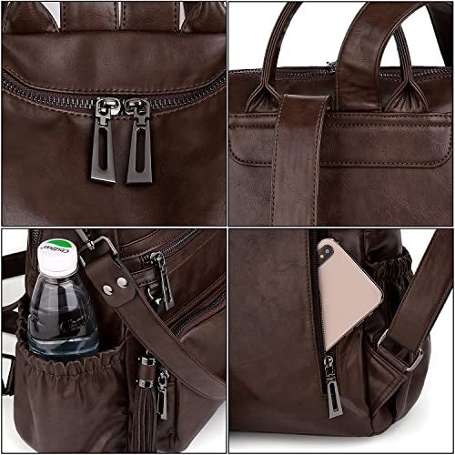 UTO Women Backpack Purse Oil Wax PU Leather Ladies Fashion Designer Rucksack Convertible Travel Shoulder Bag with Tassel Coffee - Image 5