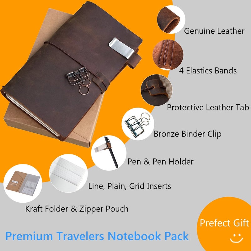 newestor Refillable Leather Journal Travelers Notebook - 8.5 x 4.5 Travel Diary with 5 Inserts + Pen Holder and Binder Clip, Standard Size, Brown - Image 2
