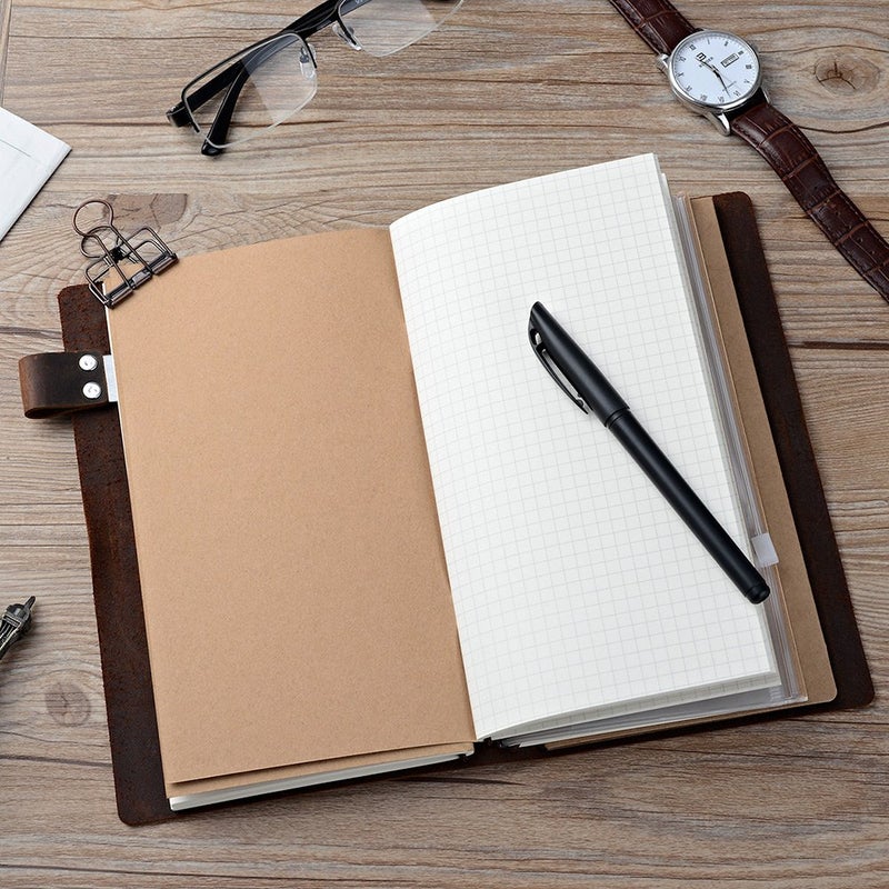 newestor Refillable Leather Journal Travelers Notebook - 8.5 x 4.5 Travel Diary with 5 Inserts + Pen Holder and Binder Clip, Standard Size, Brown - Image 5