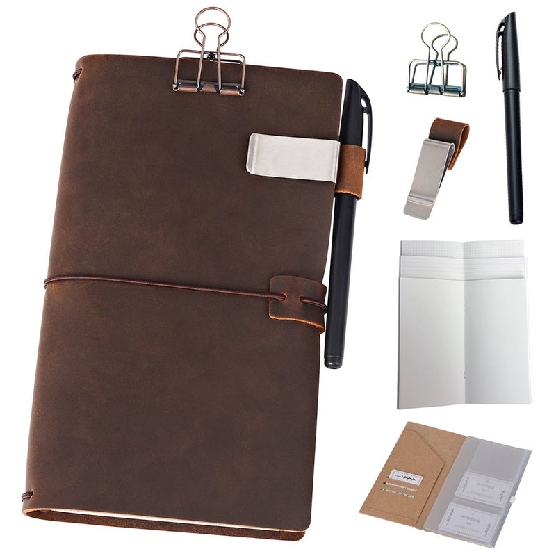 newestor Refillable Leather Journal Travelers Notebook - 8.5 x 4.5 Travel Diary with 5 Inserts + Pen Holder and Binder Clip, Standard Size, Brown - Image 1