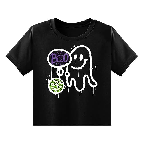 Blinket Halloween T Shirt Toddler Smiling Ghost Shirt Graffiti Graphic Shirts Black Print Short Sleeve Boo Letter Halloween Cotton Tees Tops for Baby Boys Girls2T - Image 1