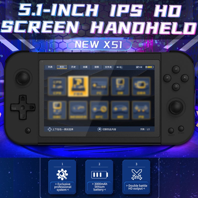 X51 Handheld Game Console Portable Game Player 5-inch IPS HD Screen Video Music Playback Support Search/Favorite 2 Gamepad Connection Game Save/Load HD Output Rechargeable 3000mAh Battery - Image 2