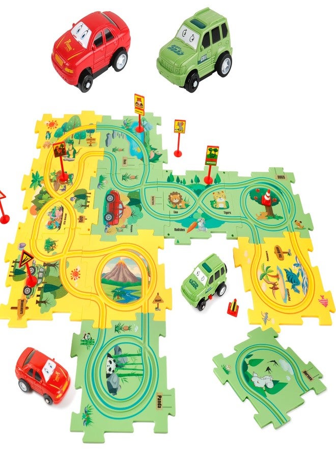 YOOYID Plastic Floor Puzzles for Kids with 2 Cute Vehicles, Puzzle Racer Kids Car Track Set, Montessori Toys for 3 4 5 6 Year Old Boys, Gifts for 3 4 5 6 Year Old Boys, Toys for Ages 3-4 - Image 1