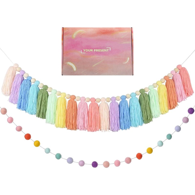 2pcs Boho Tassel GarlandPom Pom Tassel65 Feet Long 20 Balls Ball GarlandColorful Wall Hanging Party Decorative Banner PastelHome Decoration Wedding Birthday Baby Shower
