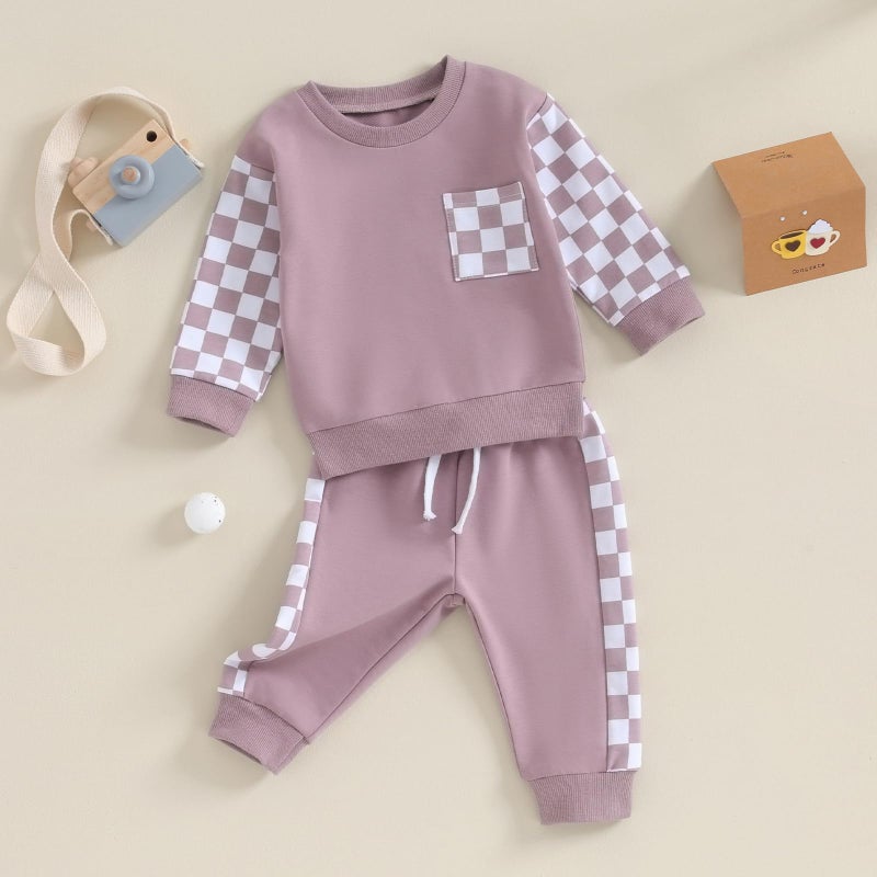 BeQeuewll Baby Girl Clothes Fall Winter Outfits Long Sleeve Sweatsuit Checkboard Sweatshirt and Pants Toddler Infant Clothing (purple, 18-24 Months) - Image 2